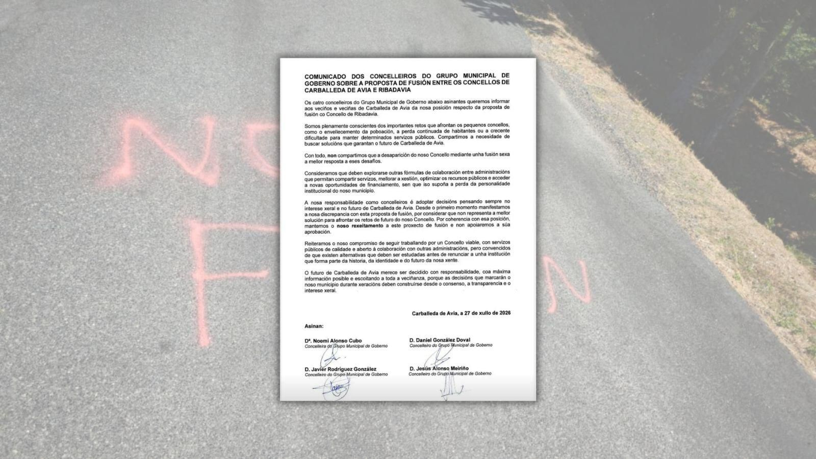 Consulta el escrito de los cuatro concejales contra la fusión de Carballeda de Avia.