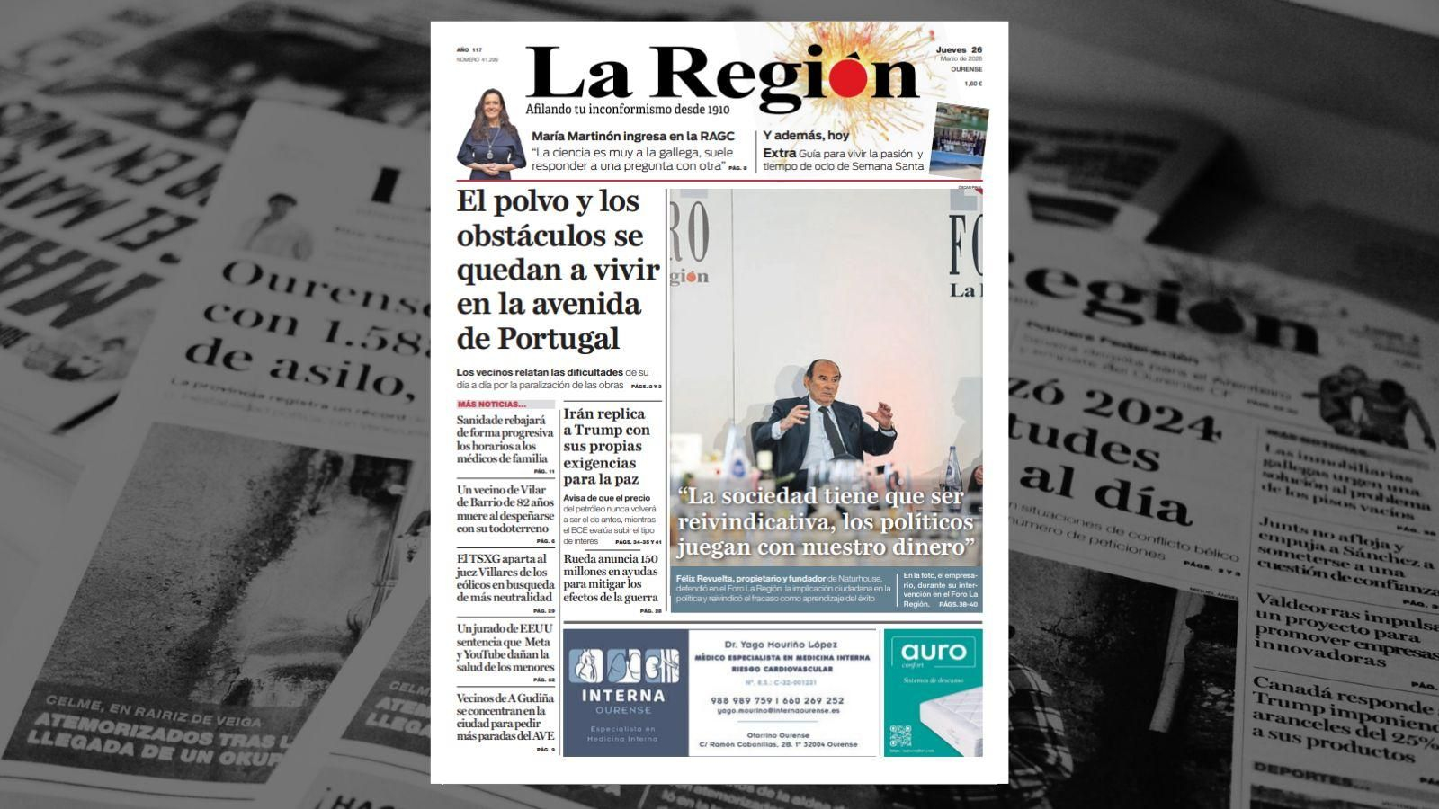 La portada de La Regióon, este jueves 26 de marzo