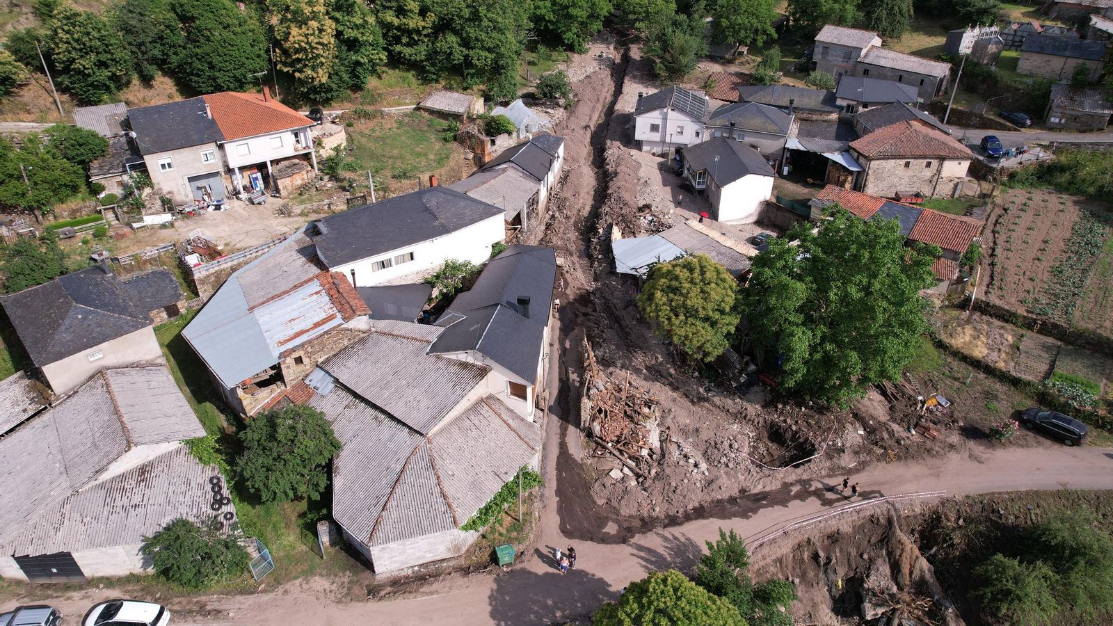 Viana do Bolo, cruzada por el torrente de agua, en fotos a vista de dron