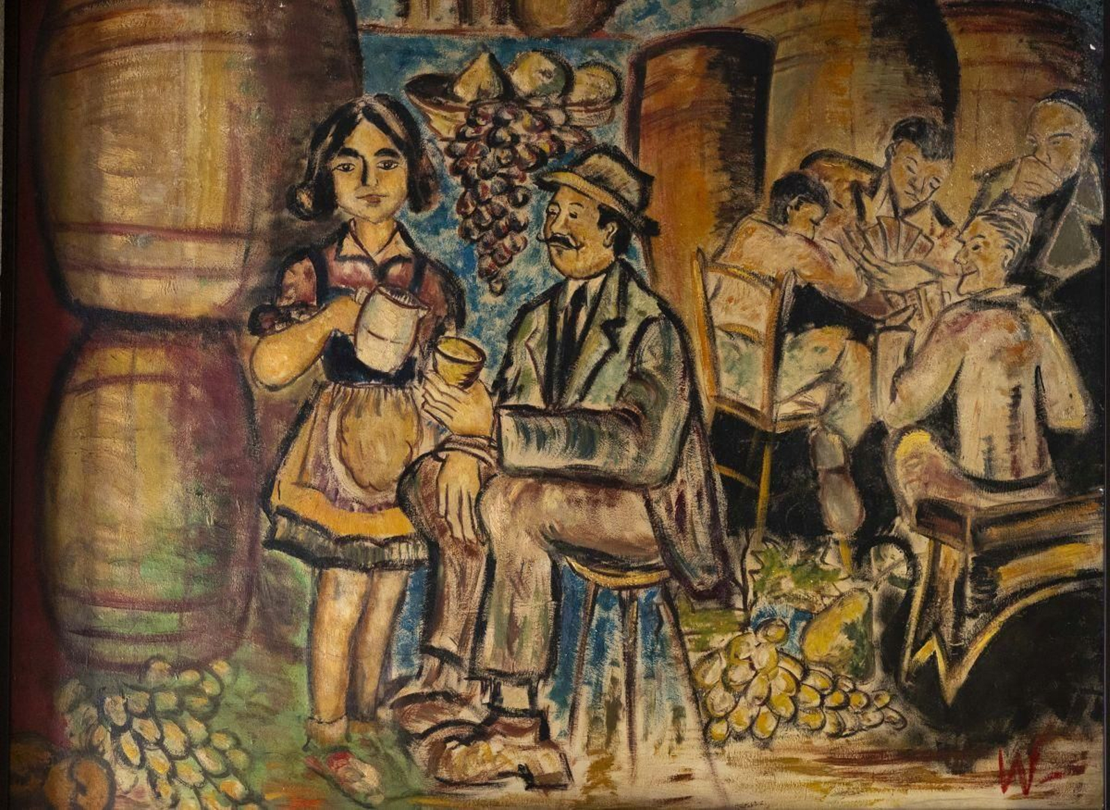 Mural de Antón Pulido en el bar “Ribeiro”, cantando las delicias del vino y las tertulias.