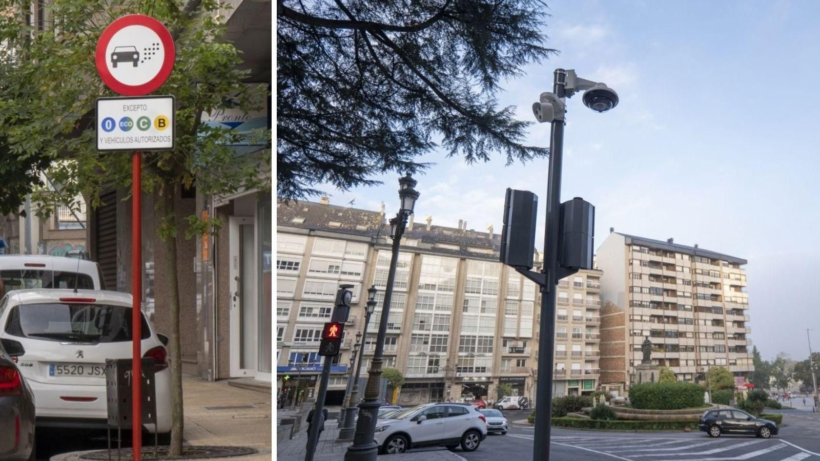 A la izquierda, señal colocada en Ramón Cabanillas; a la derecha, cámaras instaladas en la plaza de Concepción Arenal.