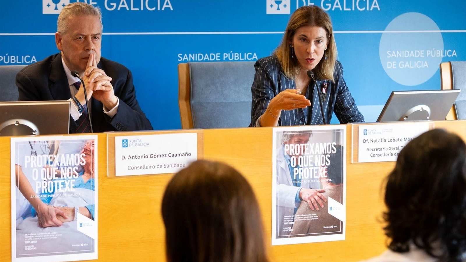 Antonio Gómez Caamaño y Natalia Prieto, presentan la campaña "Protexamos o que nos protexe" para promover un uso responsable de los servicios sanitarios en Galicia.