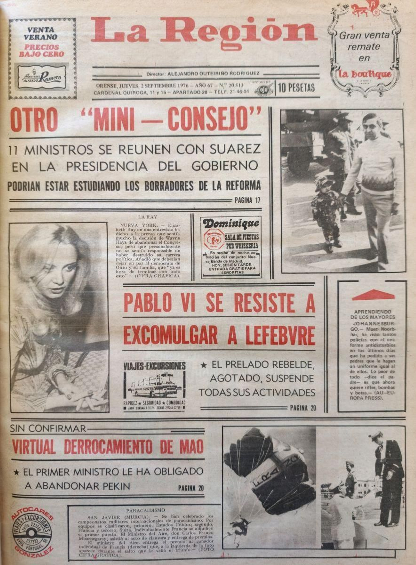 La portada de La Región del 2 de septiembre del 1976.