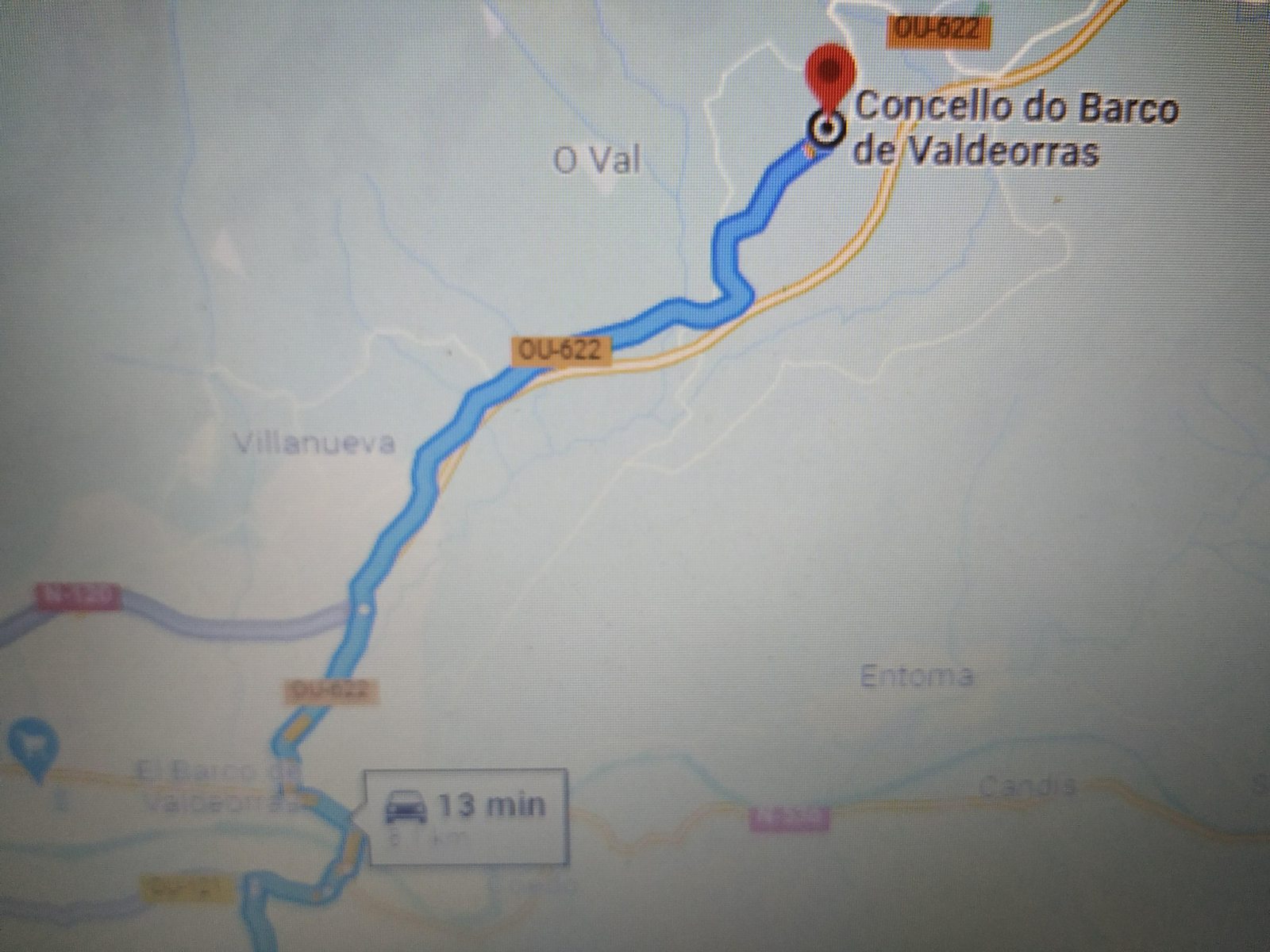 Itinerario que aconseja Google para ir al Concello de O Barco desde el propio O Barco.