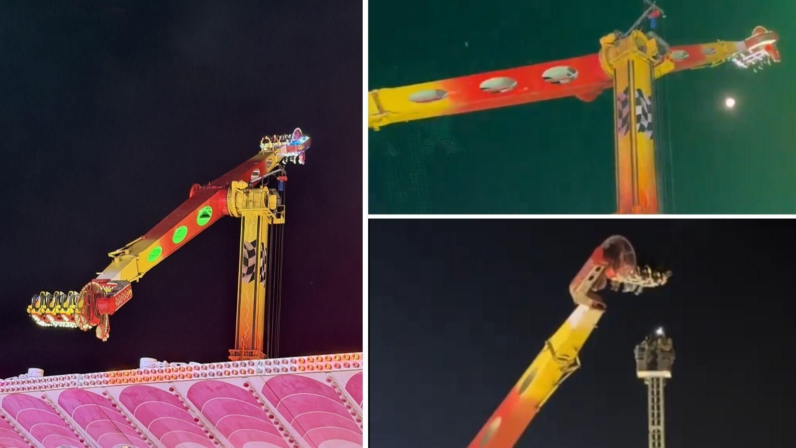 Los bomberos rescatan a las siete personas atrapadas en la atracción ‘Gigant’ de la Feria de Almería.