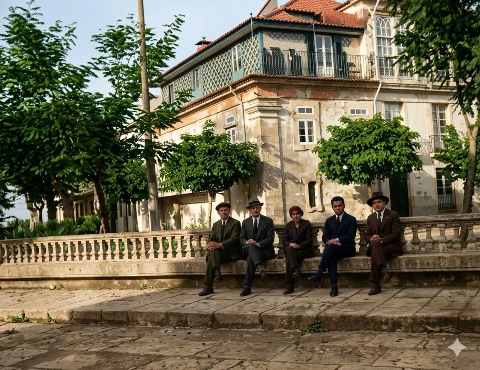 1924, el Banco de la Paciencia, en Xinzo (imagen coloreada con Inteligencia Artificial).