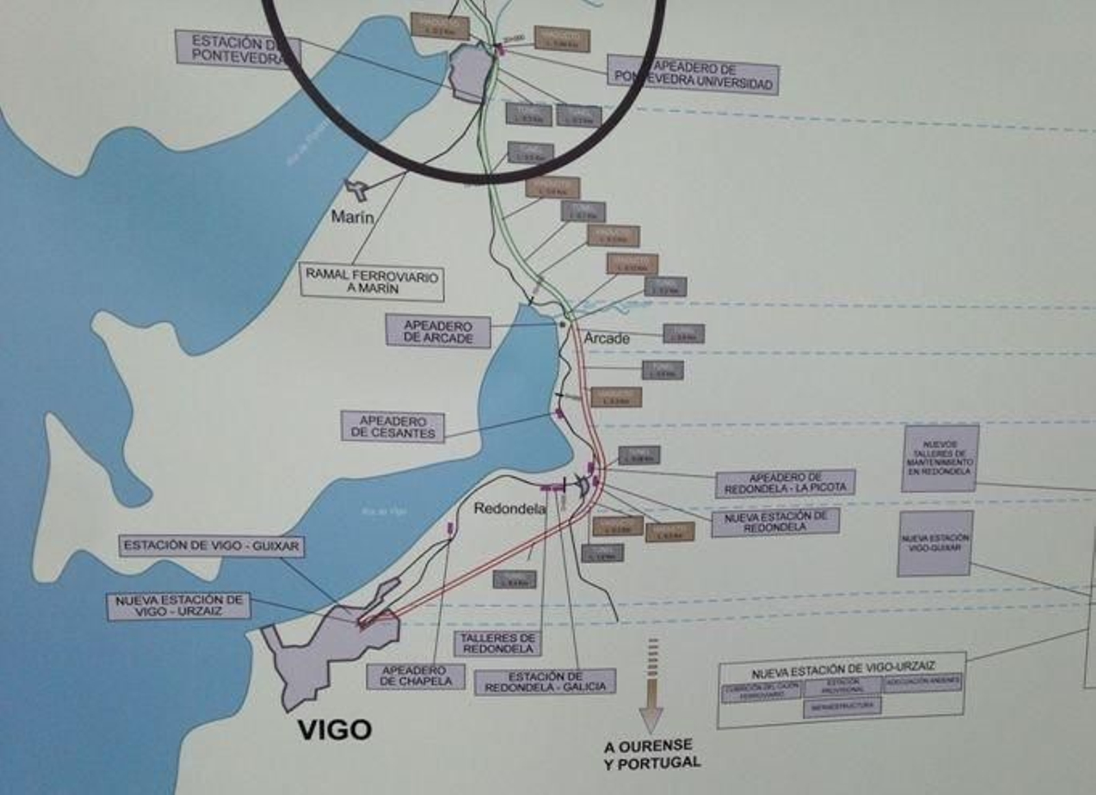 Los tramos entre Vilagarcía y Padrón y Vigo-Arcade suponen el 27 por ciento del total de la línea del Eje Atlántico. Esta última, de algo más de 18 kilómetros, está conformada por cinco túneles que suman trece kilómetros –el mayor, de 8,4