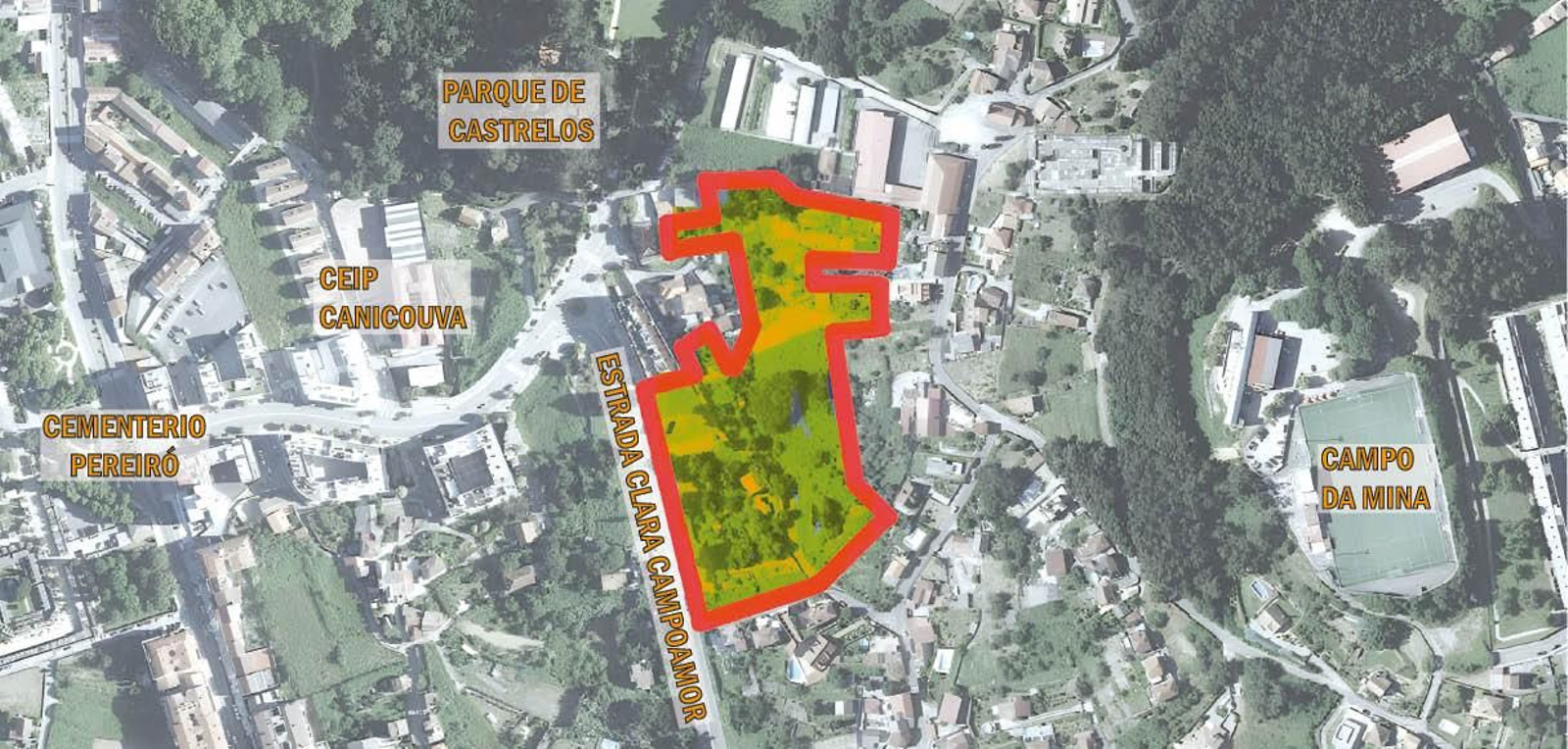 El ámbito que ordenará el Concello para permitir la construcción de nuevos bloques de viviendas, junto a la avenida Clara Campoamor.