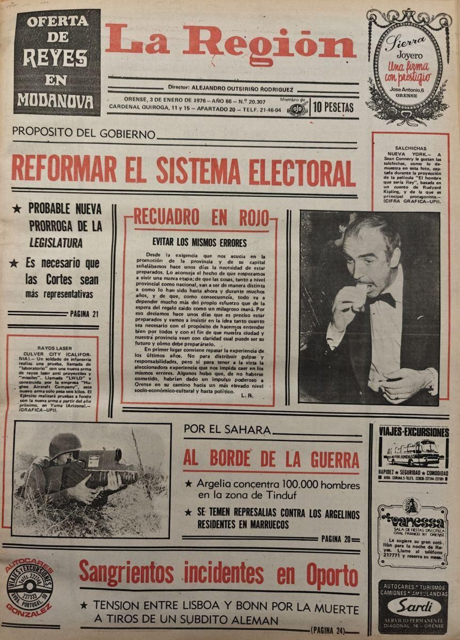 La portada de La Región del 3 de enero de 1976.