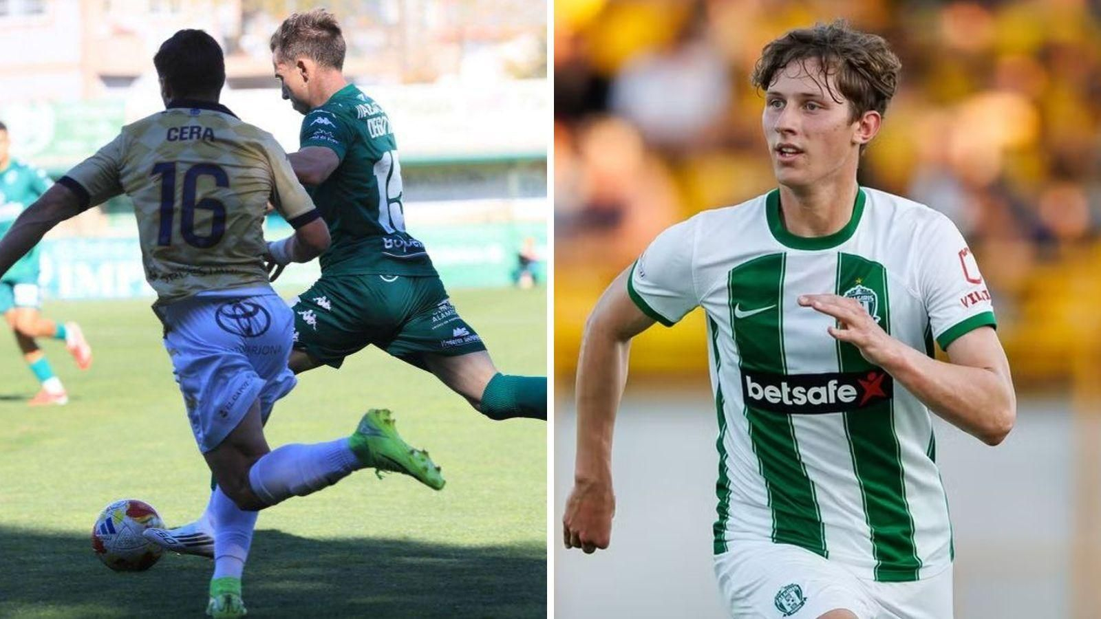 A la izquierda, el defensa Miguel Cera, en un partido con el Guadalajara disputado en el campo de Espiñedo ante el Arenteiro. A la derecha, Romualdas Jansonas, en un partido en Lituania.