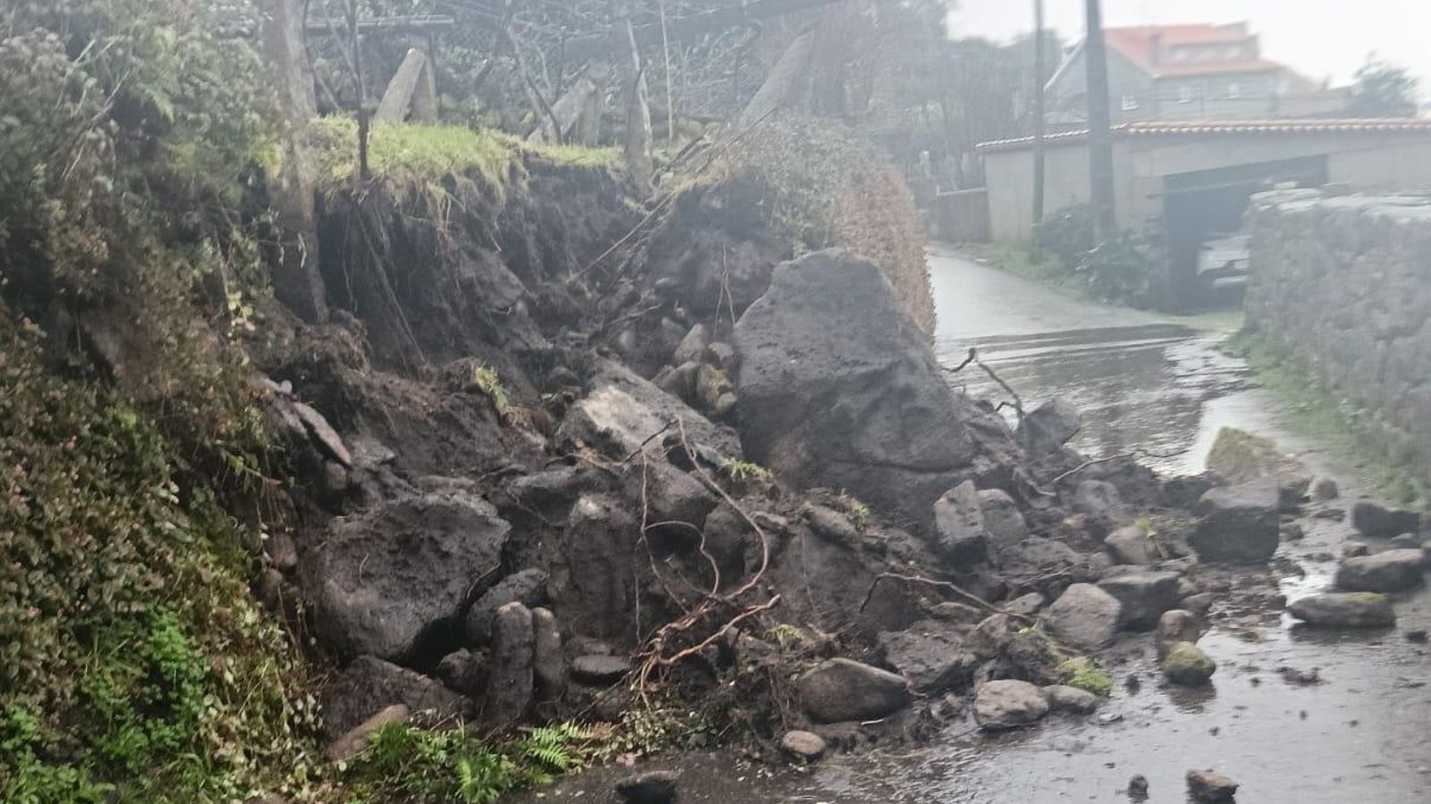 Caída de un muro de piedra en Xeve (Pontevedra).