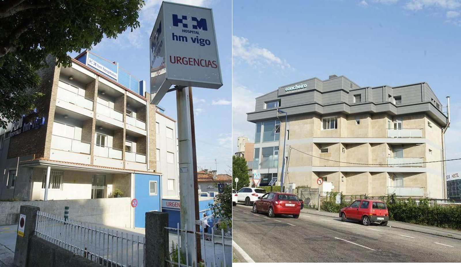 El HM Vigo, antiguo Perpetuo Socorro en O Castro, y muy cerca, en plaza de España, el sanatorio Concheiro.