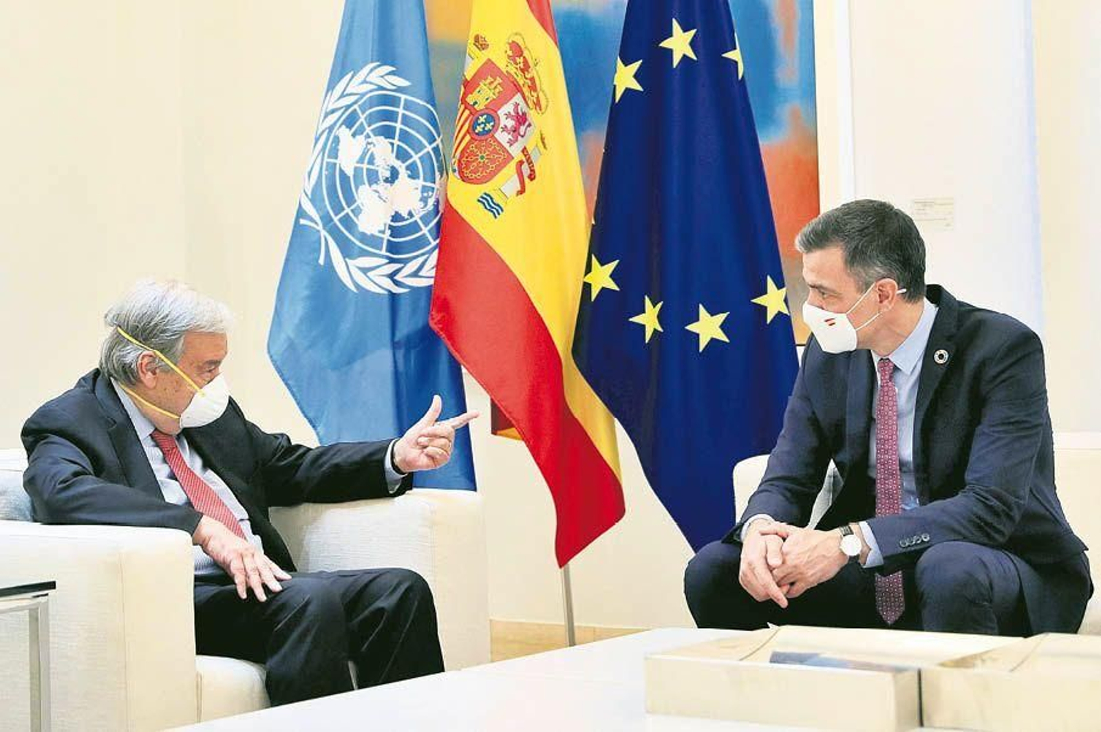 El secretario general de la ONU, ayer con el presidente del Gobierno Pedro Sánchez.