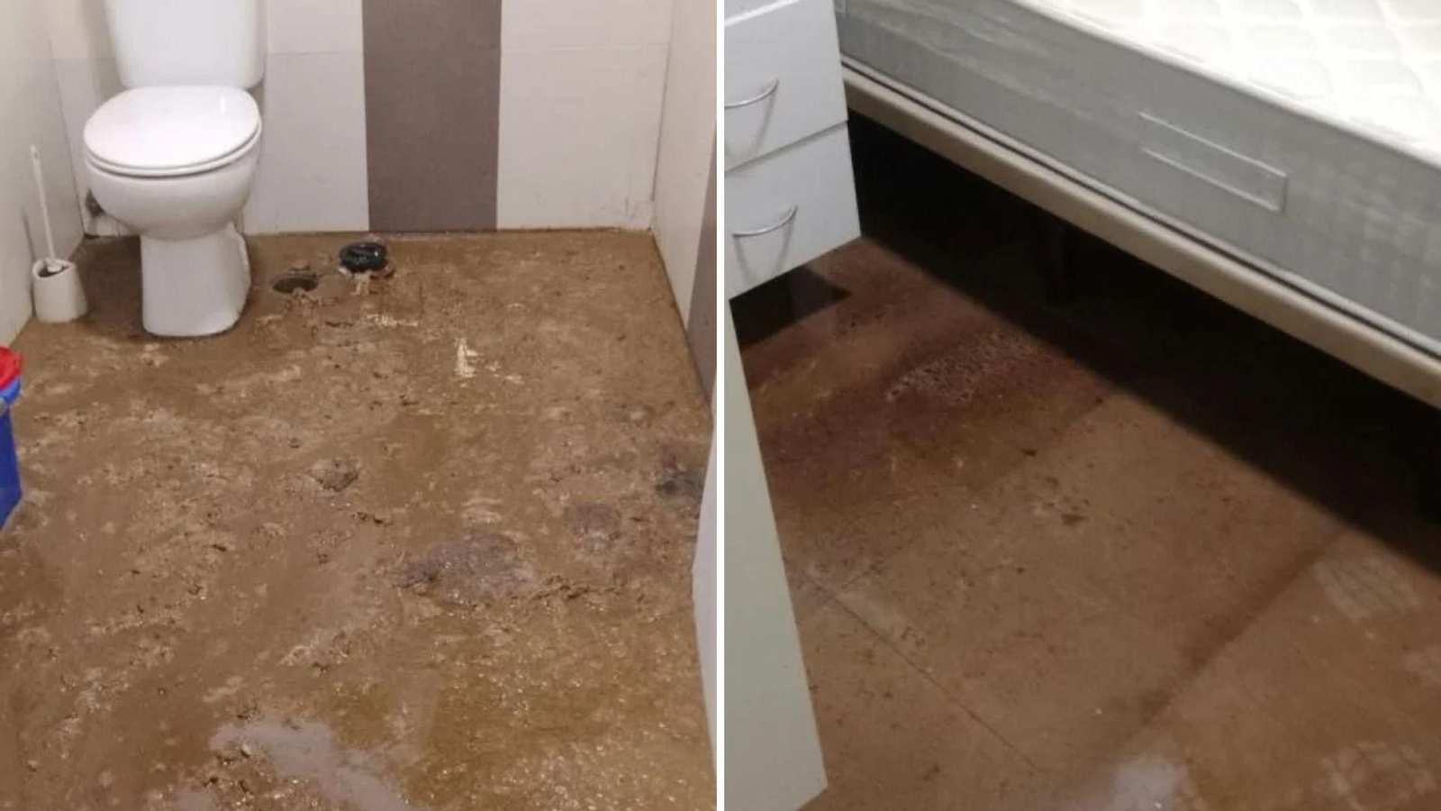 El baño y la habitación de la vivienda inundados de fecales.
