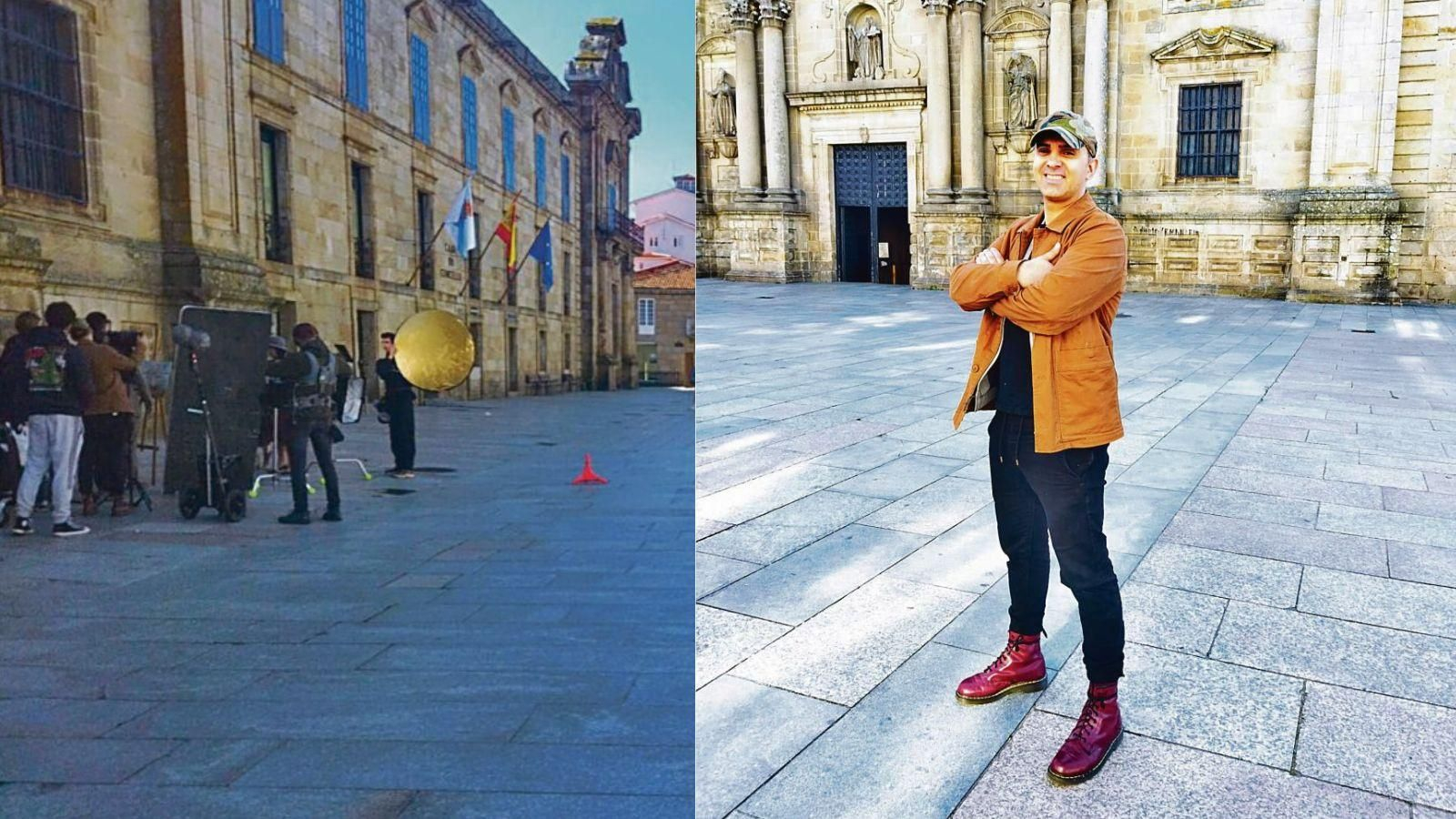 Un momento da rodaxe do filme este pasado luns na Praza Maior de Celanova, e  Rubén Méndez na Praza Maior