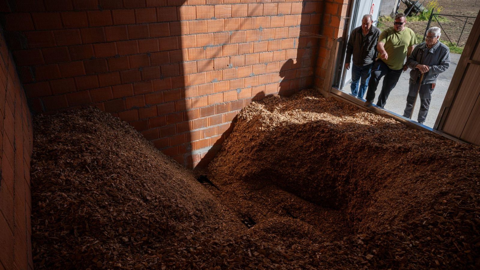 Los vecinos se asoman al silo con la biomasa que alimenta la caldera.
