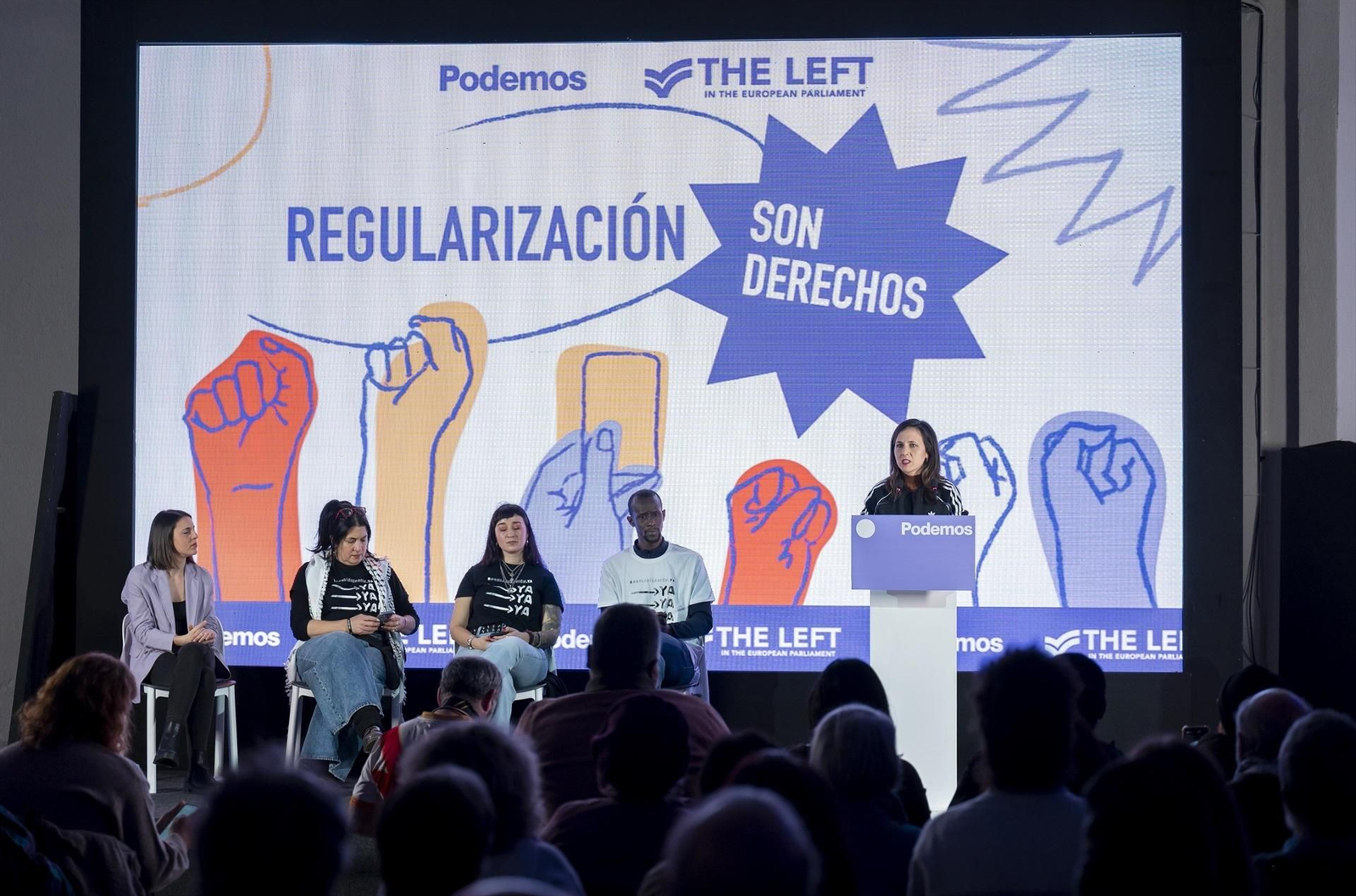La secretaria general de Podemos, Ione Belarra  interviene durante el acto ‘Regularización son derechos’, el pasado lunes 26 de enero en Madrid