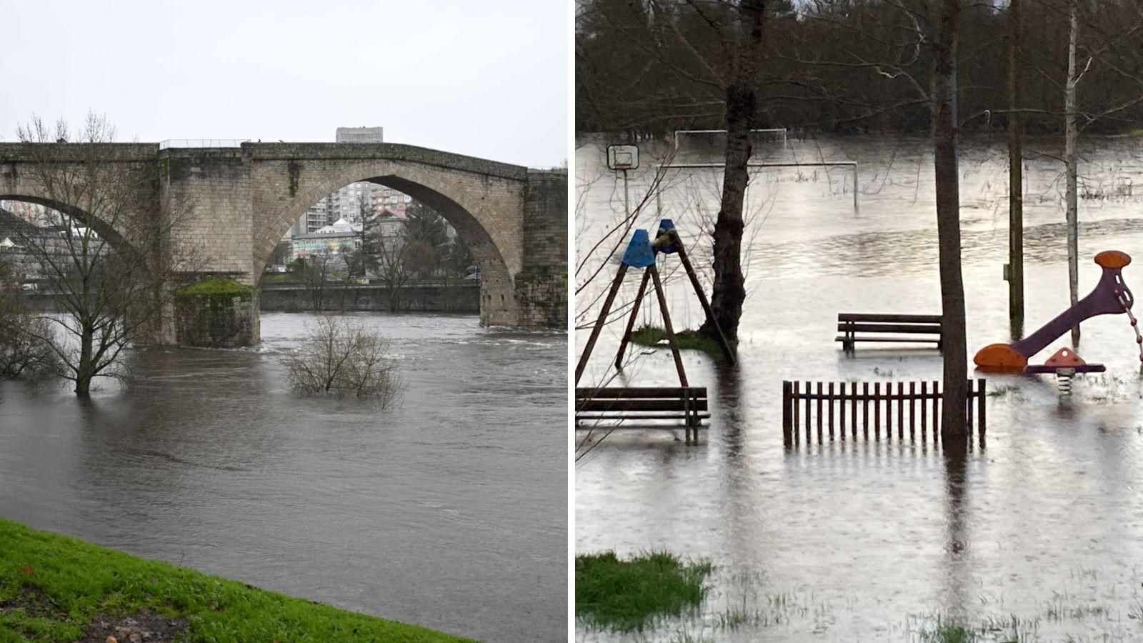 Crecida de los ríos Miño, a su paso por Ourense (izquierda), y Támega, a su paso por Oímbra, (derecha), por las lluvias de la borrasca Joseph