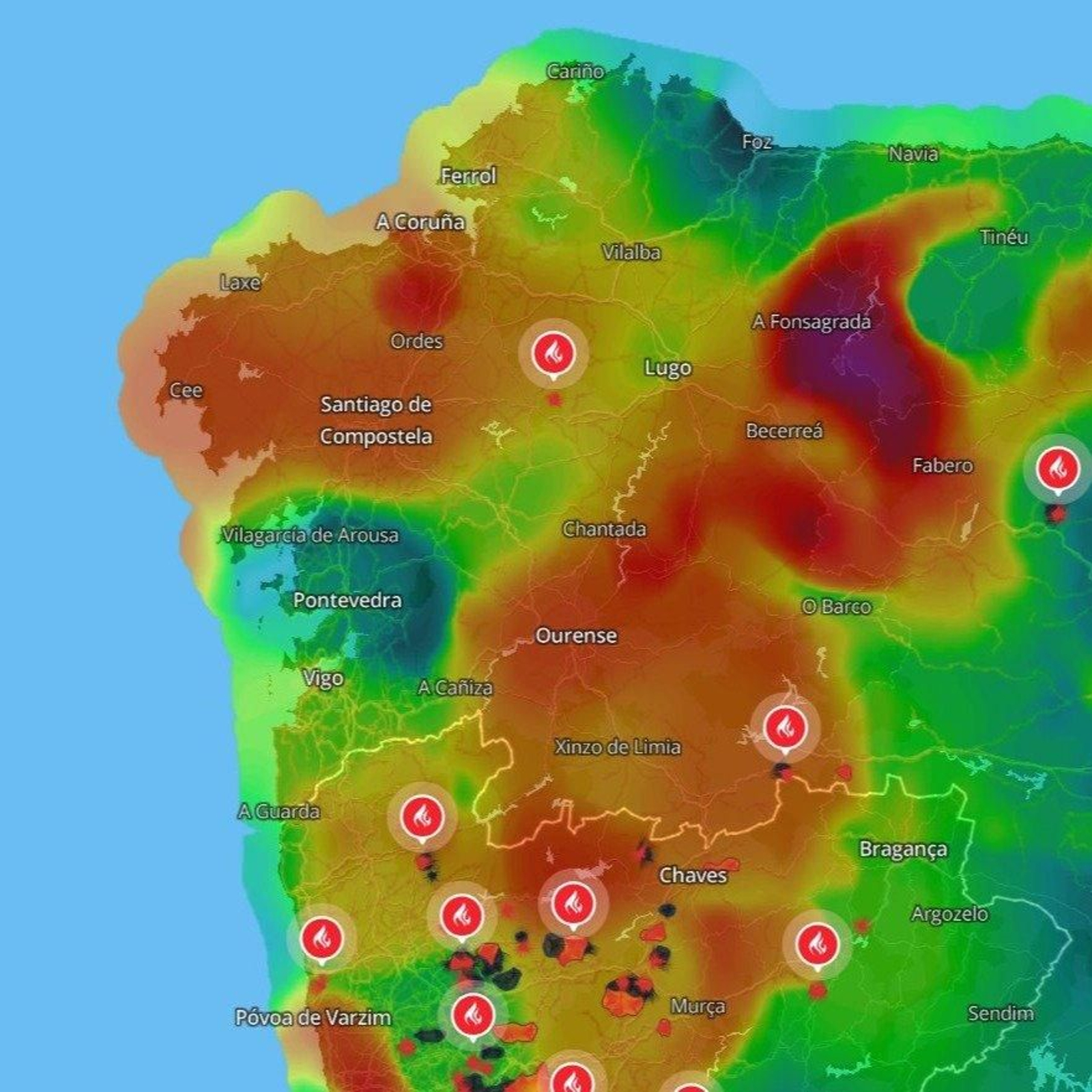La calidad del aire en Galicia, a las 10:00 horas del viernes.