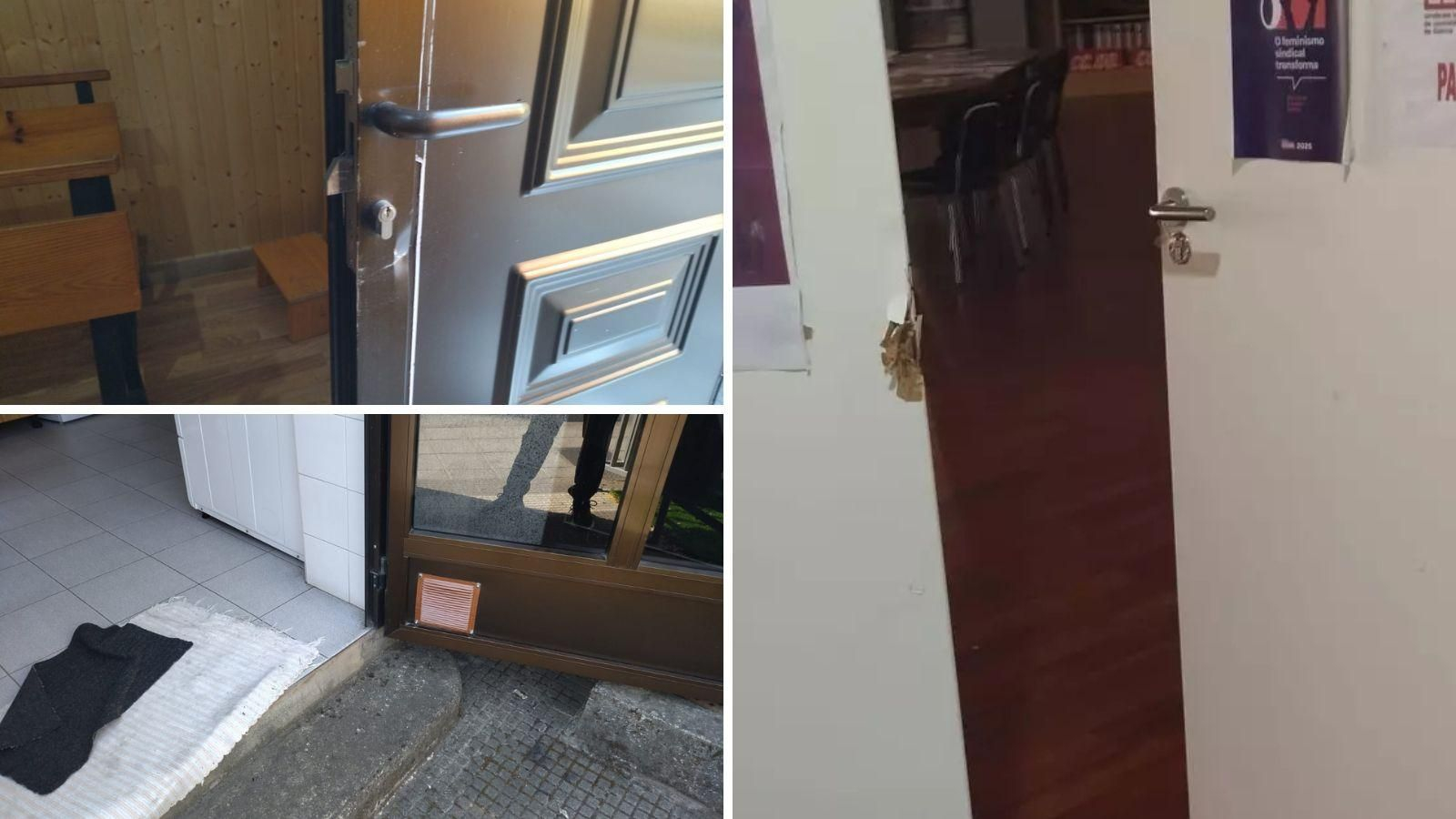 De izquierda a derecha, de arriba a abajo: la puerta de la capilla, forzada; la rejilla de la guardería que rompieron para entrar; y el acceso a la sede de CCOO, con daños en la cerradura.
