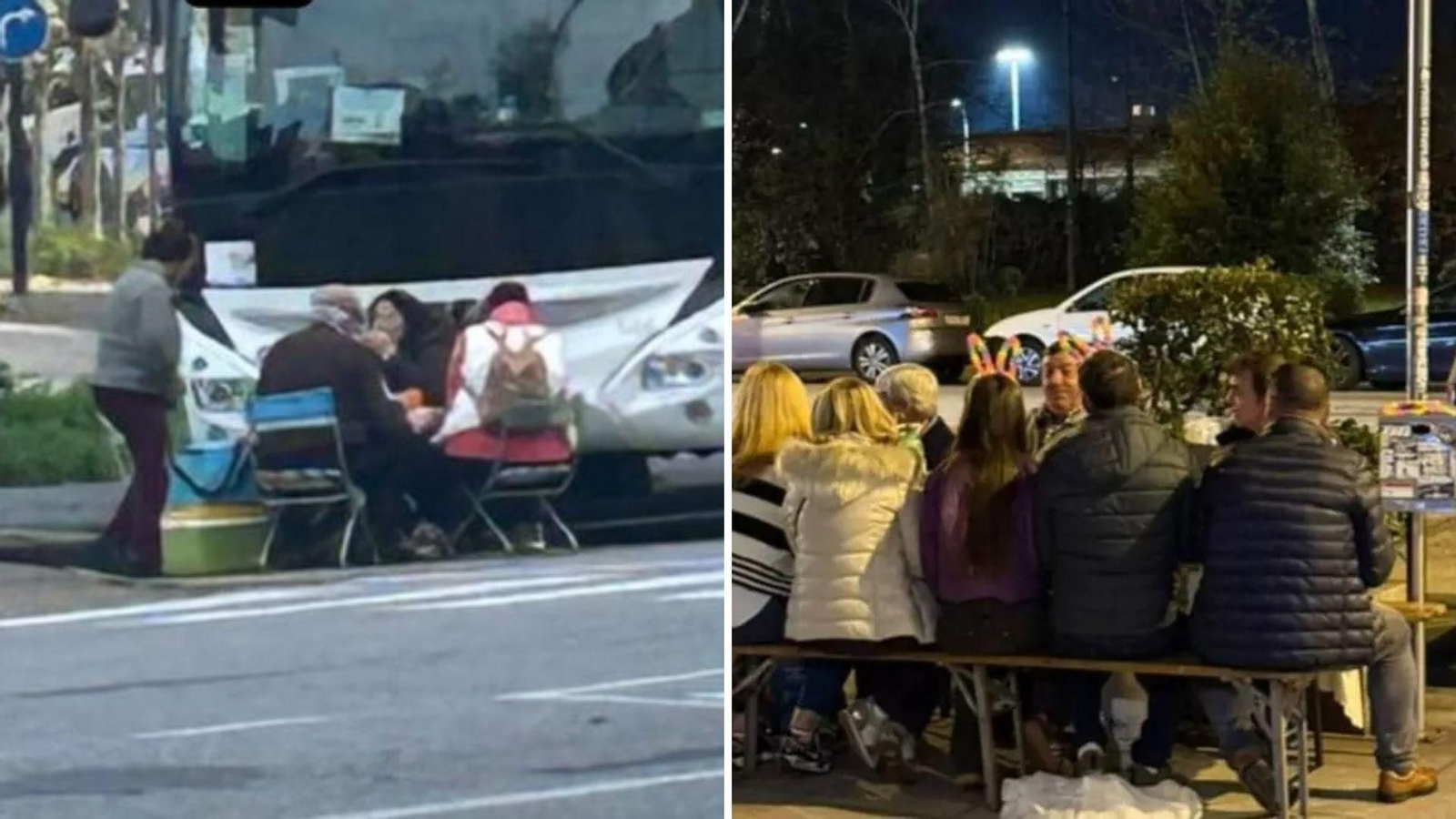 Turistas en Areal colocaron sus mesas y sillas en la calle para comer.