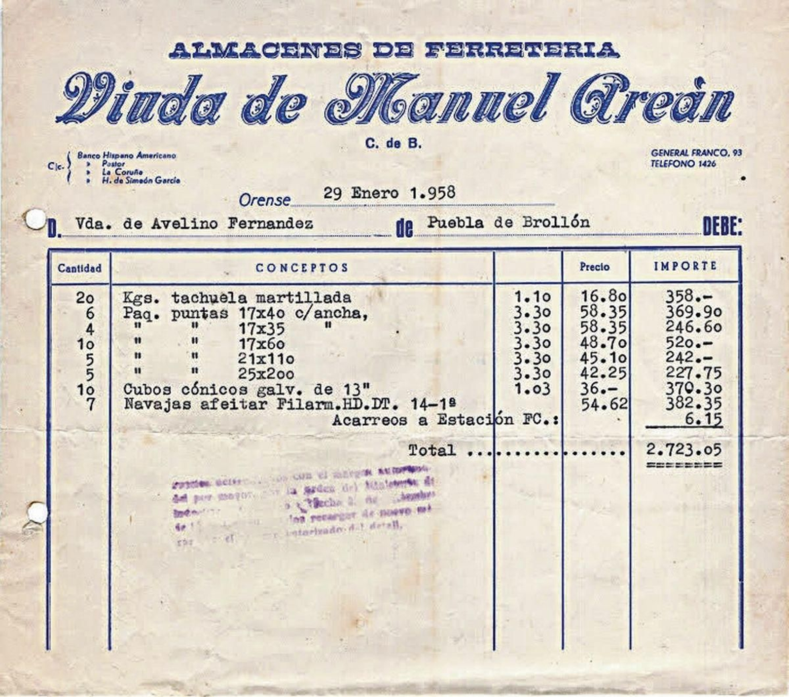 Las ventas de la Ferretería Areán llegaban hasta Puebla de Brollón.