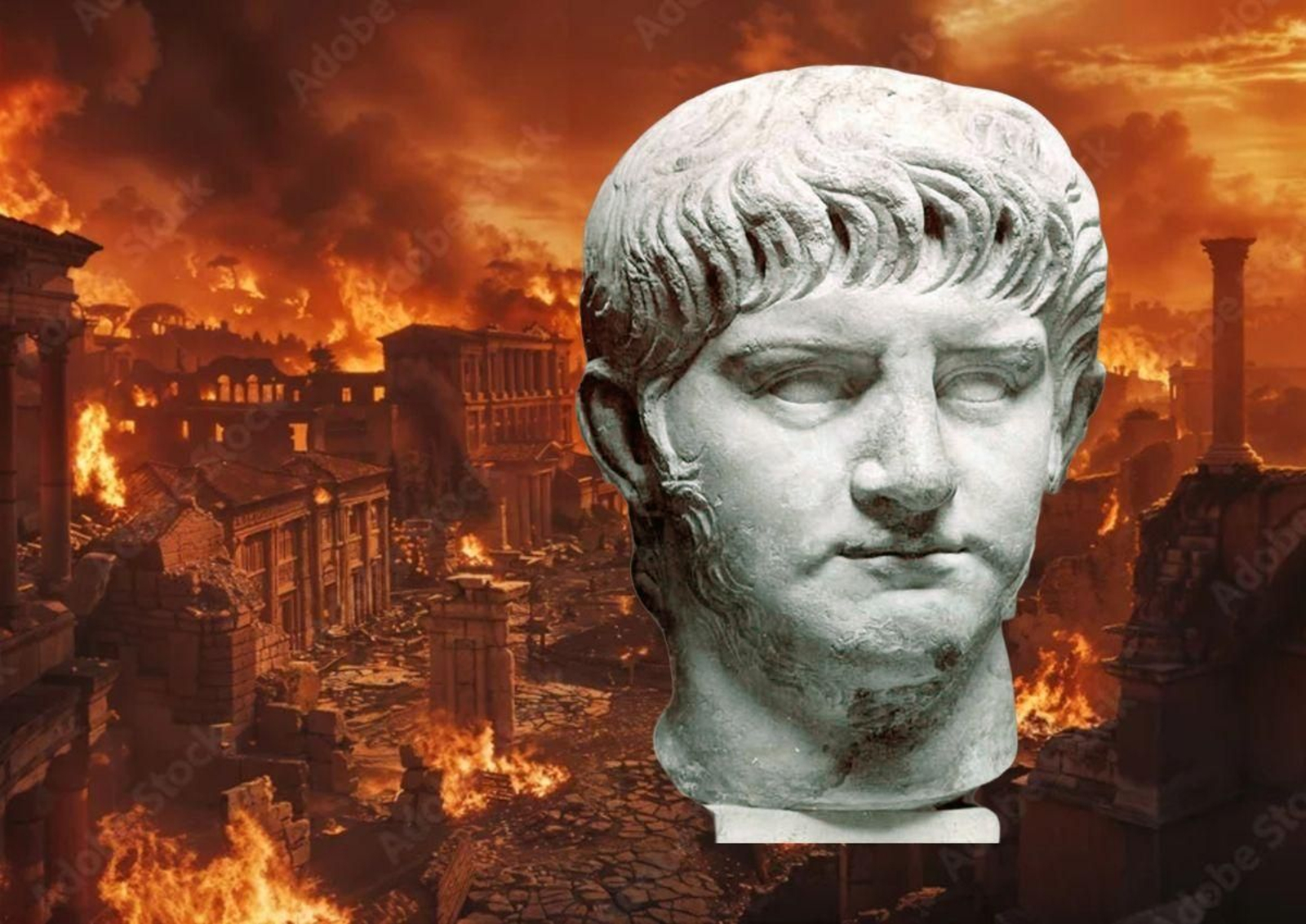 Busto de Nerón sobre unha imaxe do incendio de Roma.