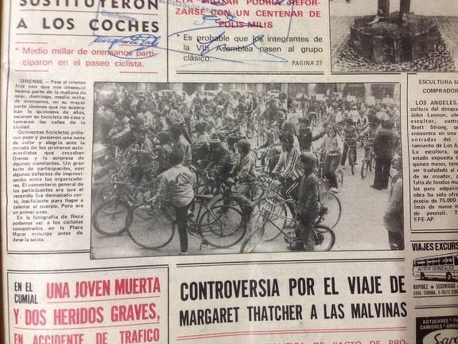Portada de La Región con el primer Día da Bici, en el año 1983.