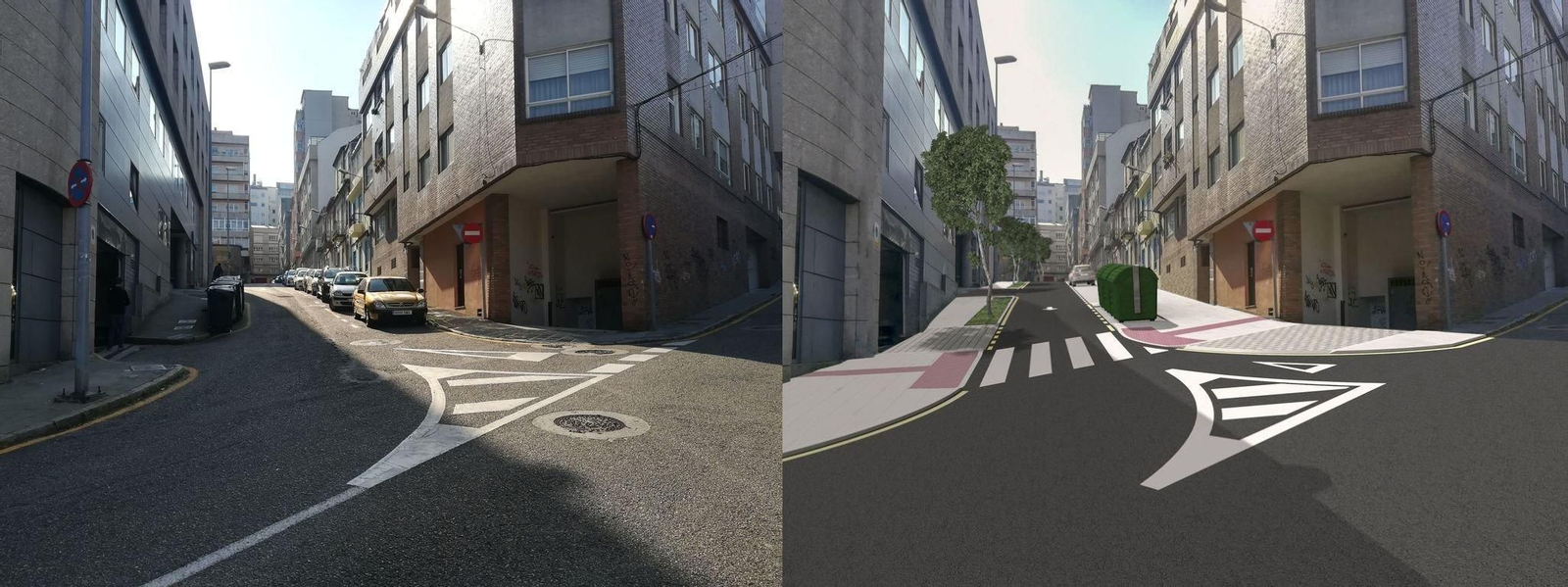 La calle Troncoso, a la izquierda cómo es ahora y a la derecha como quedará