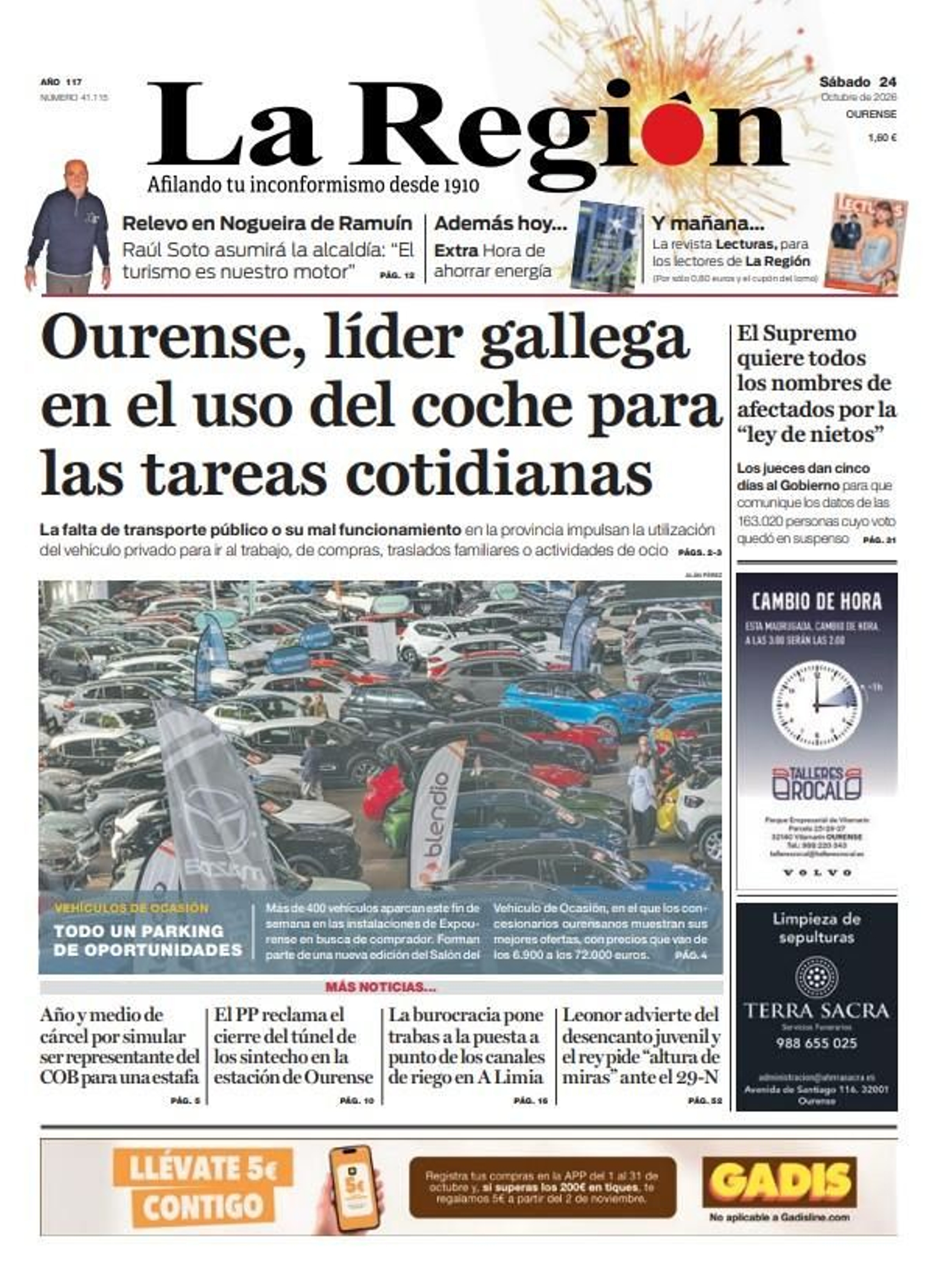 La portada de La Región de este sábado, 24 de octubre.