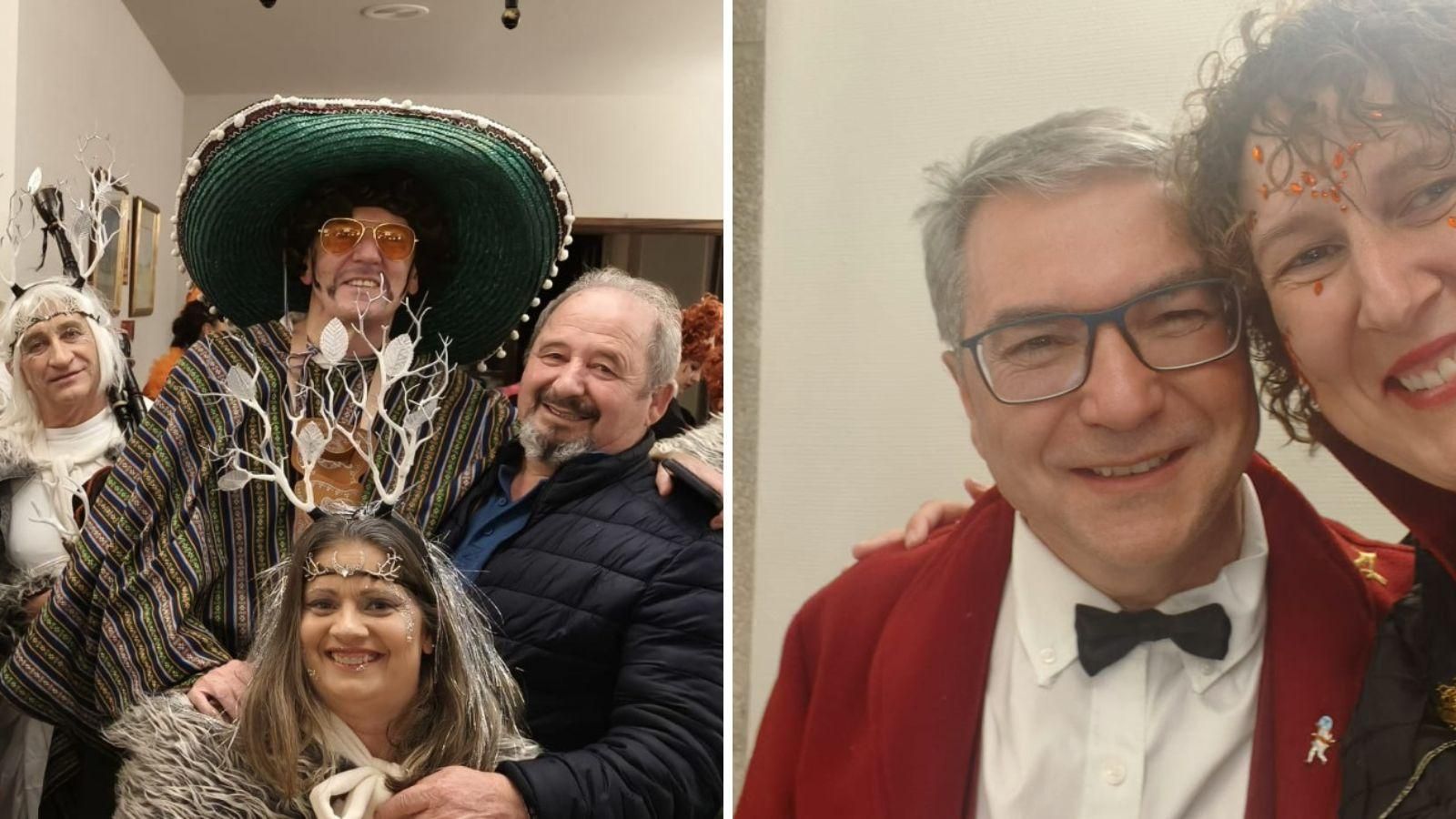 A la izquierda, Alfonso Rueda disfrazado. A la derecha, Luis Menor luciendo un broche de un cigarrón