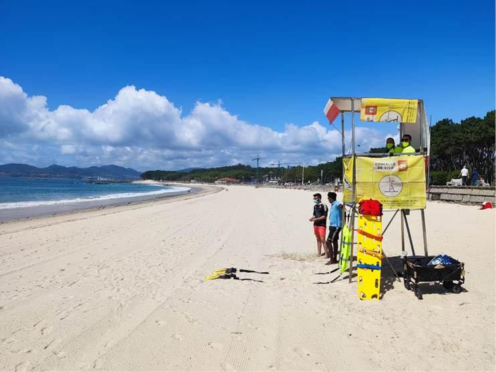 Así estaba ayer Samil, con una imagen nada veraniega, sin bañistas y con el tramo cercano al Lagares cerrado. Por la tarde, algo mejor con los socorrista en sus puestos.