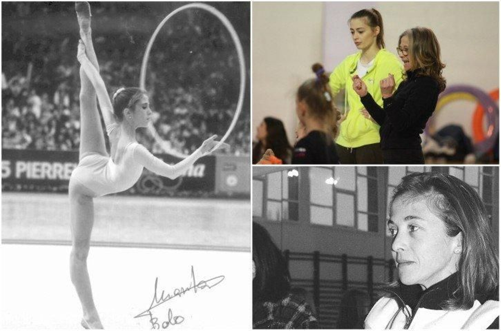 La ourensana (izquierda) durente su etapa como deportista de élite, con Yana Lukonina en el Pazo, y en un control de gimnasia en la ciudad.