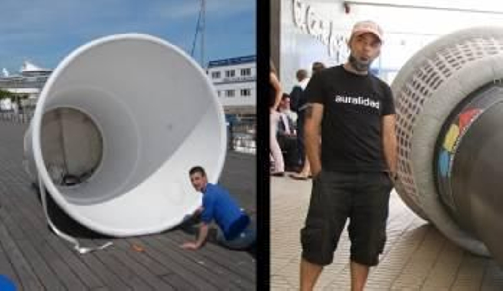 El colectivo LaBra, con los vasos gigantes del Amplificador de secretos y Chiu Longina con su Macrófono inauguraron los Vasos Comunicantes.