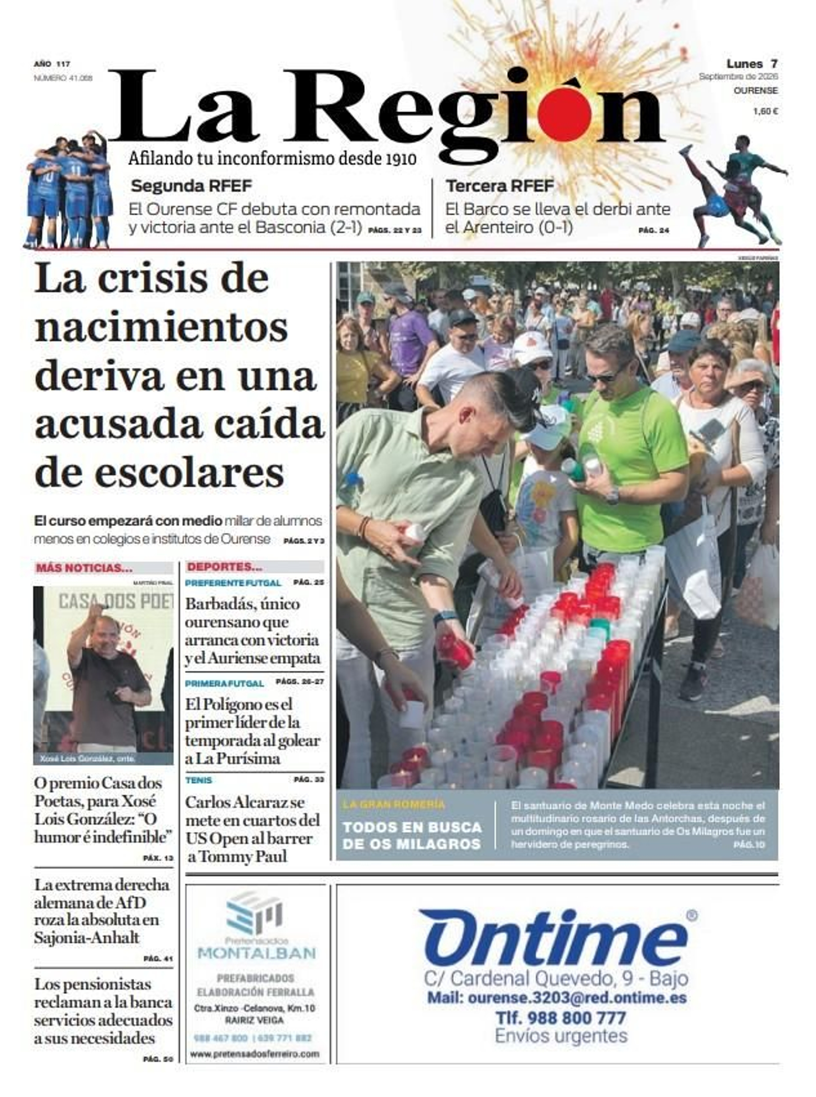 La portada de La Región de este lunes, 7 de septiembre.