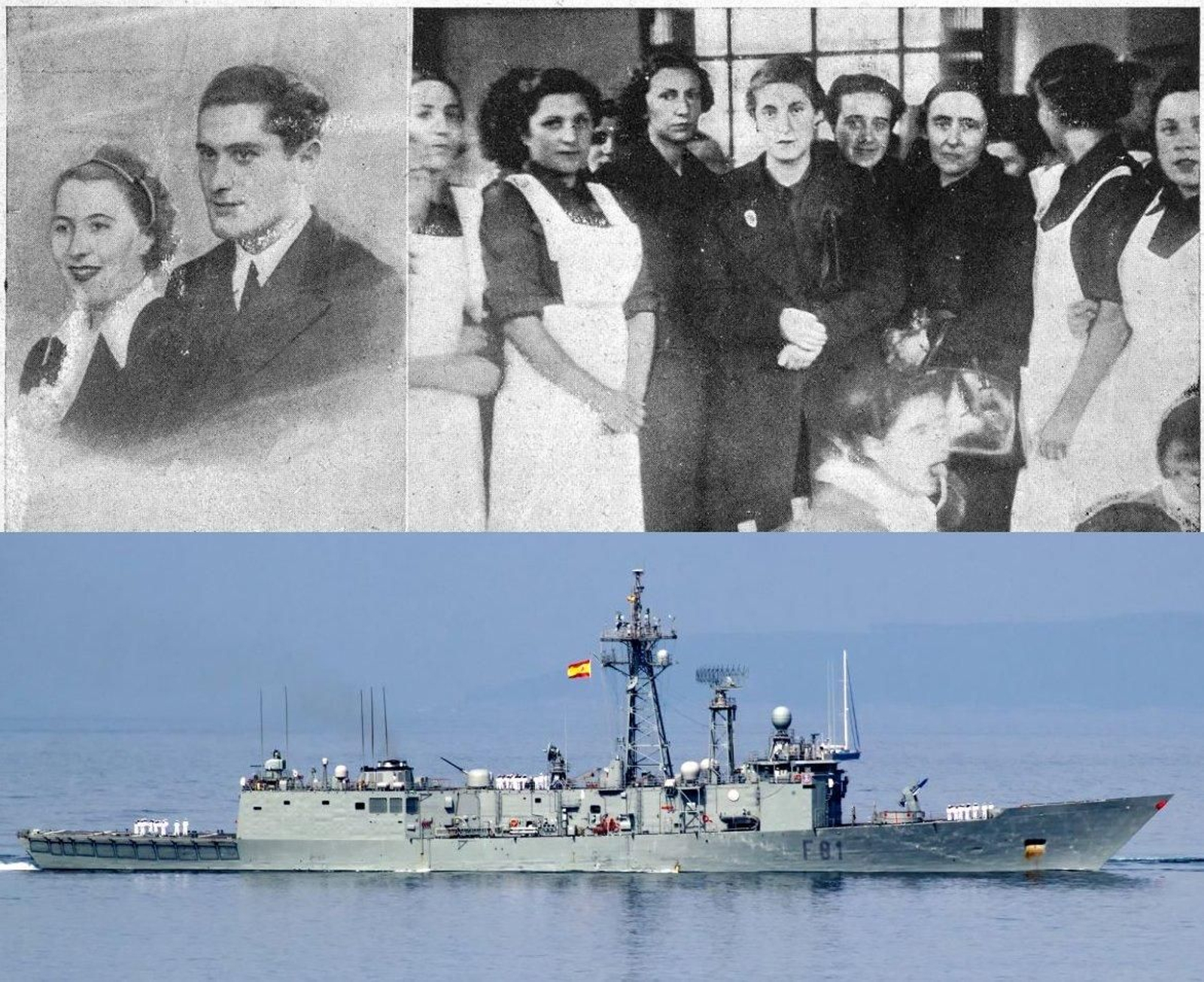 O matrimonio Peral Lezón o día da voda  e fragata Santa María, á fronte da cal operou Ramón na Guerra do Golfo.