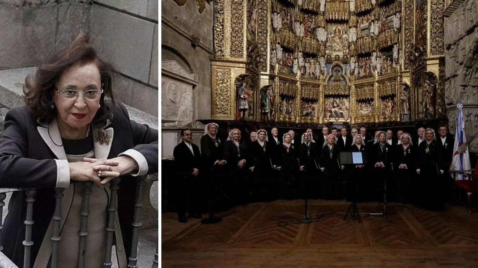 A investigadora Marita Souto e a actuación da coral De Ruada na Catedral de Ourense.