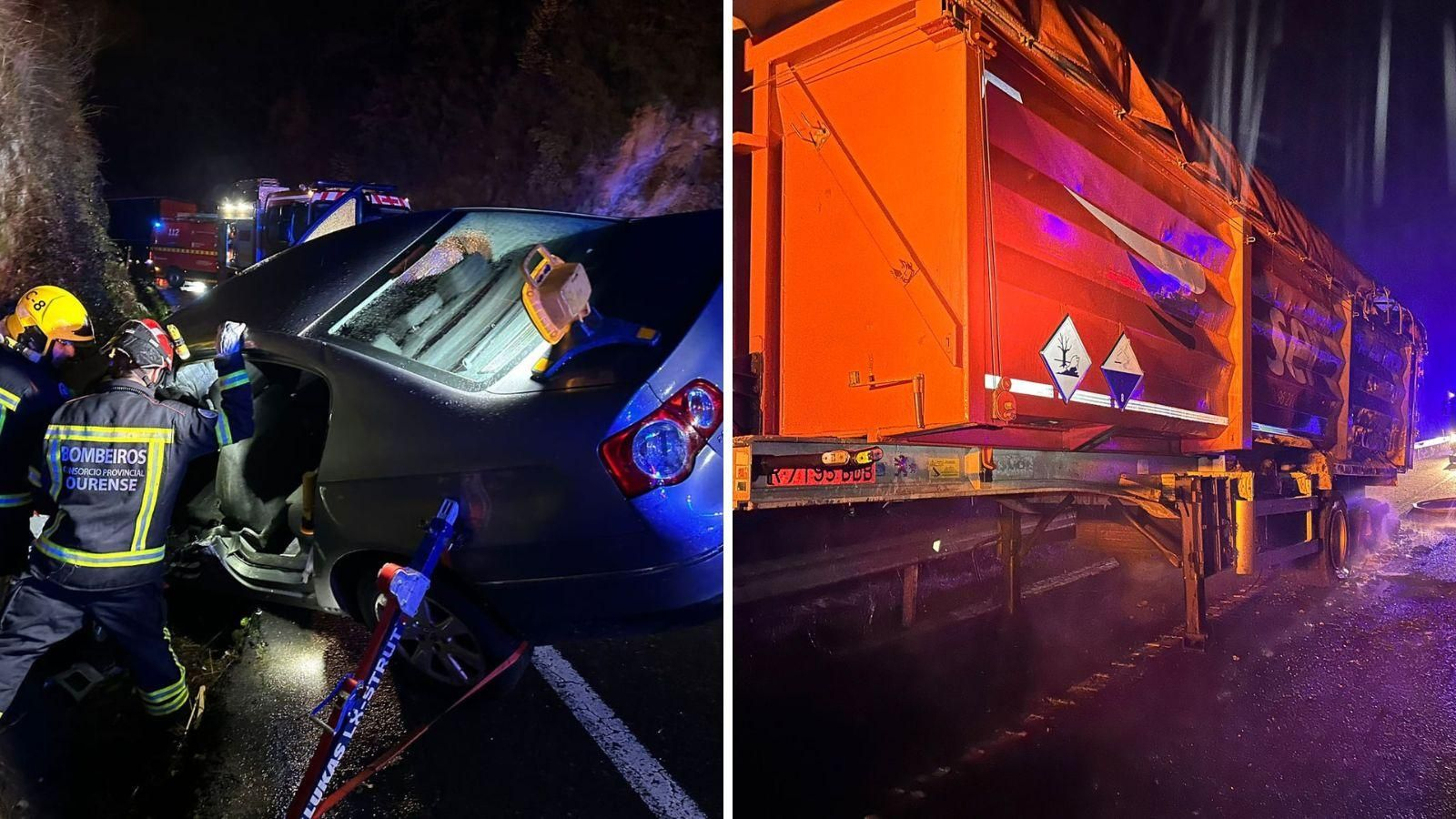 A la izquierda, el hombre atrapado tras el accidente. A la derecha, el coche calcinado