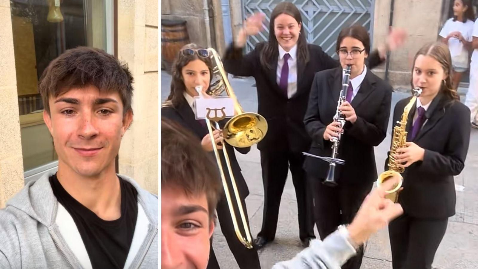 El influencer Archie Ted, a la izquierda, y él junto a las integrantes de la Banda de Celanova, a la derecha.