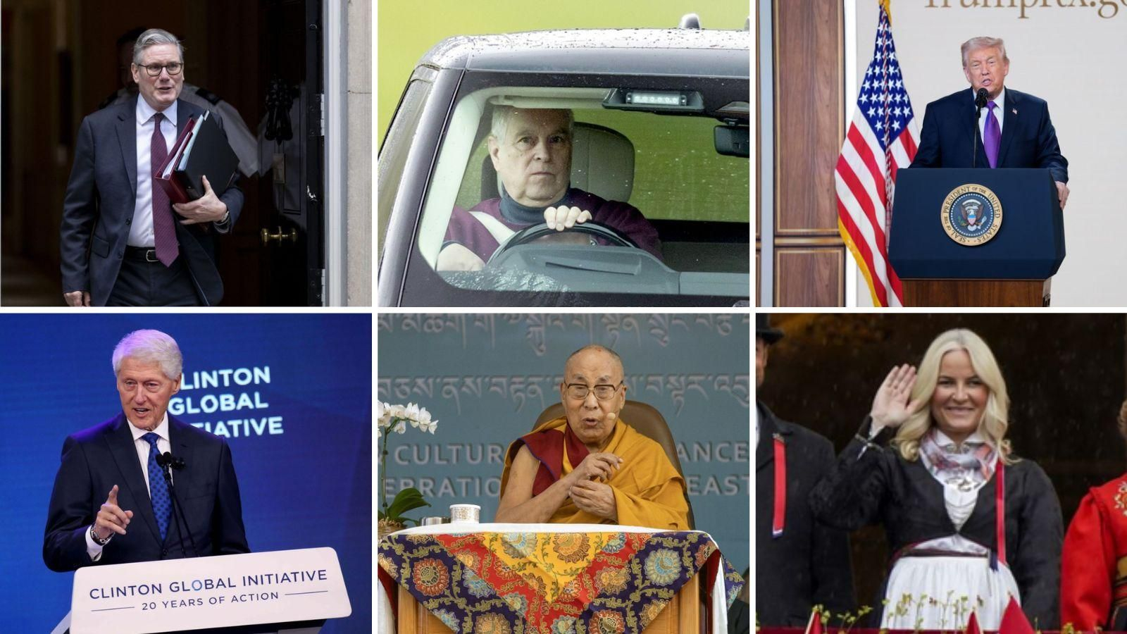El primer ministro de Reino Unido, Keir Starmer; el príncipe Andrés Mountbatten-Windsor de Reino Unido; el presidente de EEUU, Donald Trump; el expresidente de EEUU, Bill Clinton; el Dalái Lama de Tíbet, Tenzin Gyatso; y la princesa heredera de Noruega, Mette-Marit.