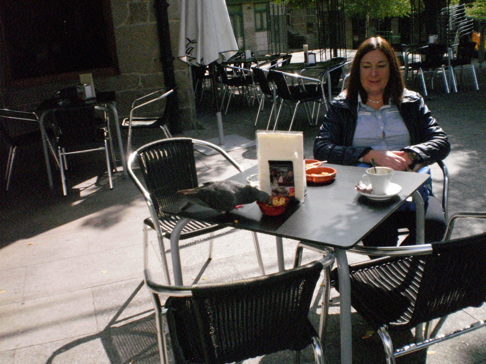 Una paloma come los frutos secos en una terraza