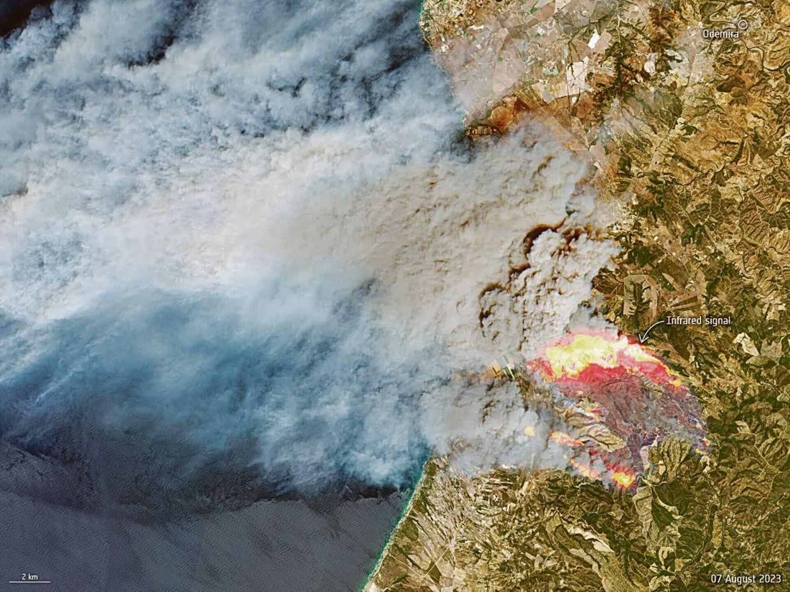 Imagen de satélite del incendio de Odemira, en el sur de Portugal.