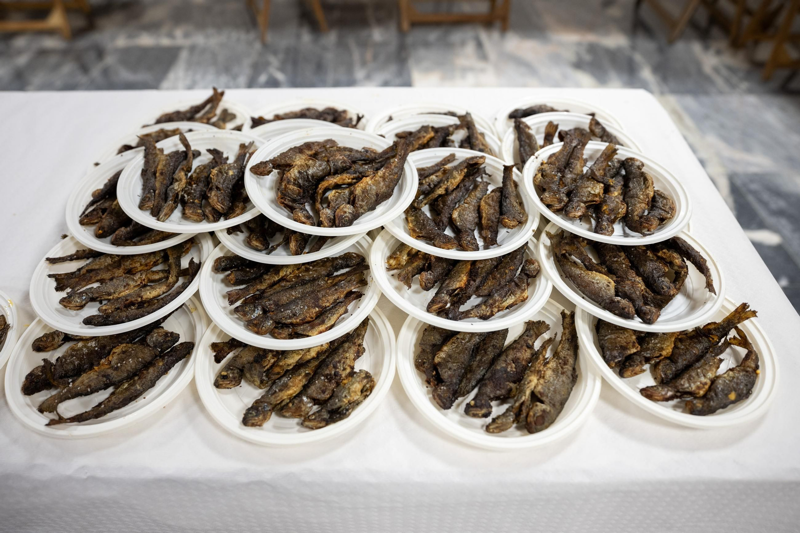 Detalle de las raciones de peixe preparadas para la gran degustación final.
