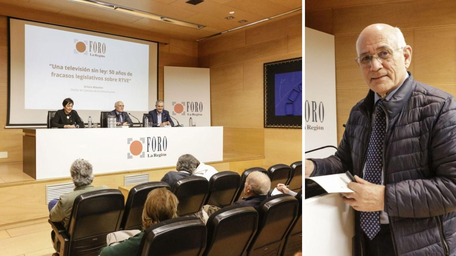 Arturo Maneiro, en el centro, rodeado por Paola Pérez, de La Región, y José Luis Gómez, editor de Mundiario, y firmando ejemplares de su libro