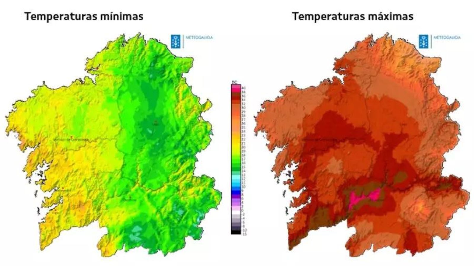 Previsión das temperaturas mínimas e máximas para o domingo. Imaxe MeteoGalicia.