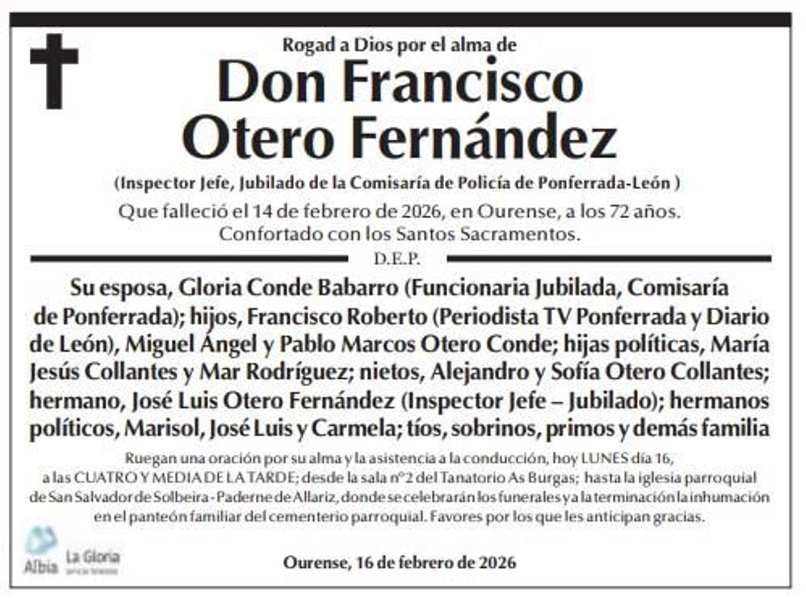 Las esquelas de hoy, lunes 16 de febrero.