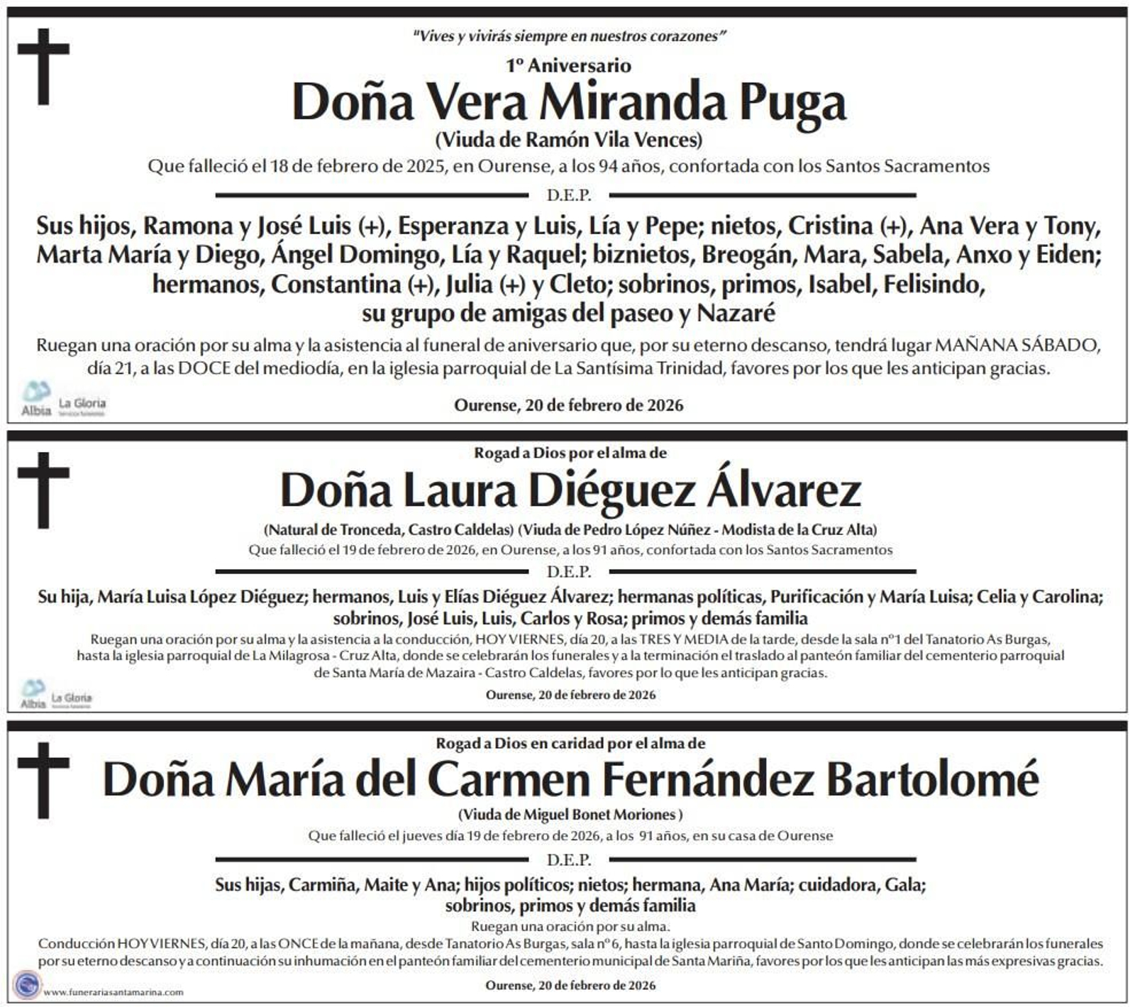 Las esquelas de hoy, viernes 20 de febrero.