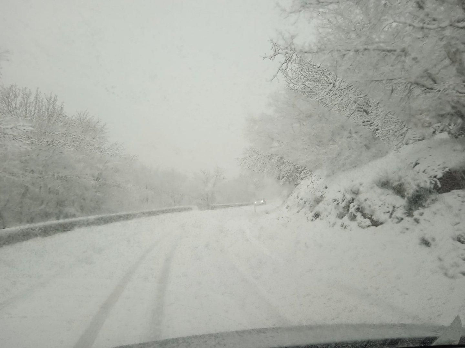 La vista de la carretera desde dentro de un coche esta mañana en O Rodicio, Maceda.