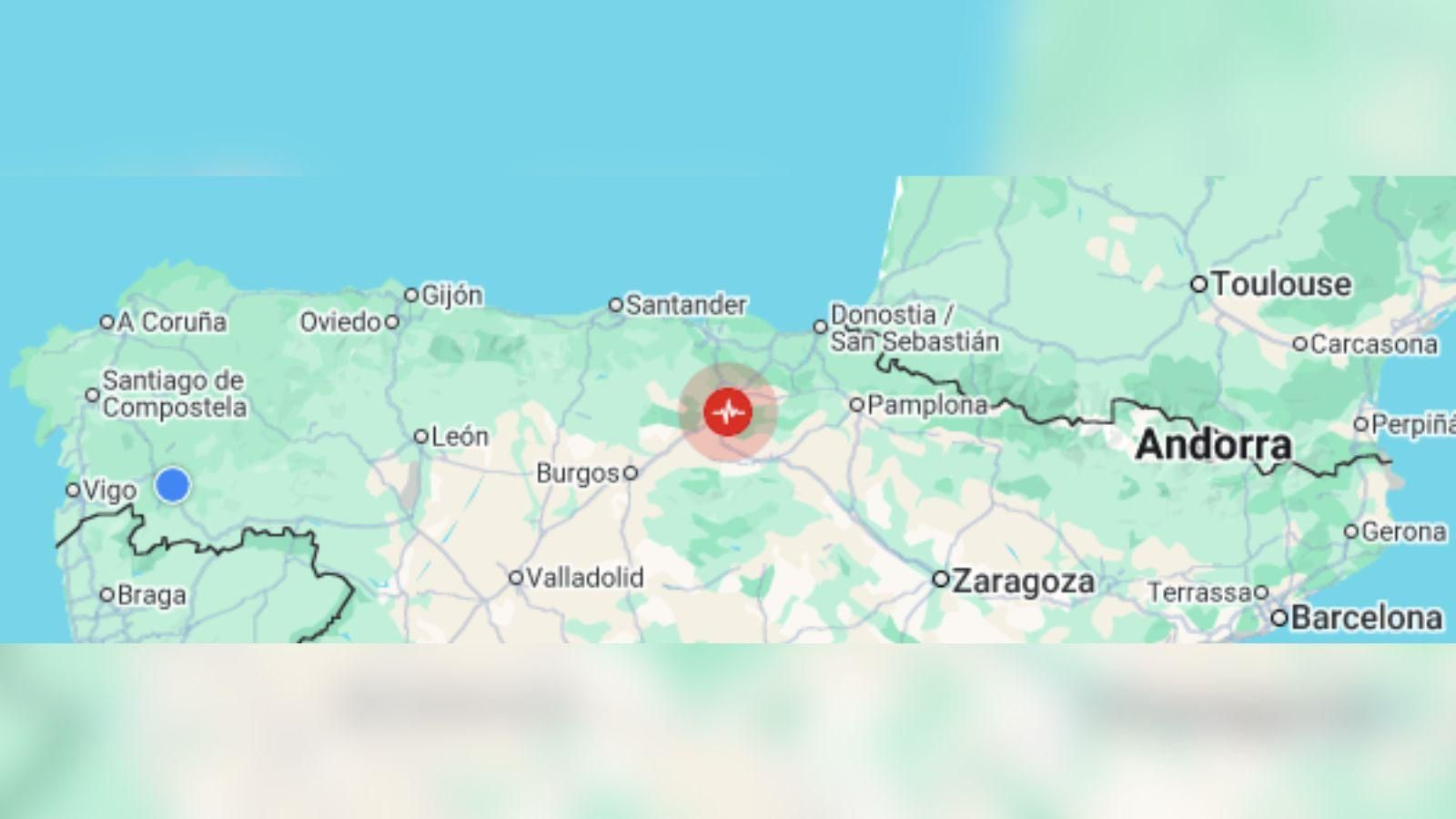 Mapa en el que se aprecia el epicentro del seísmo, marcado con un punto rojo en la zona de Iruña Oka, Álava.