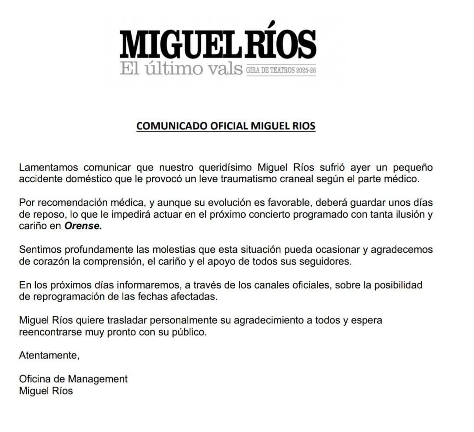 El comunicado emitido por Miguel Ríos